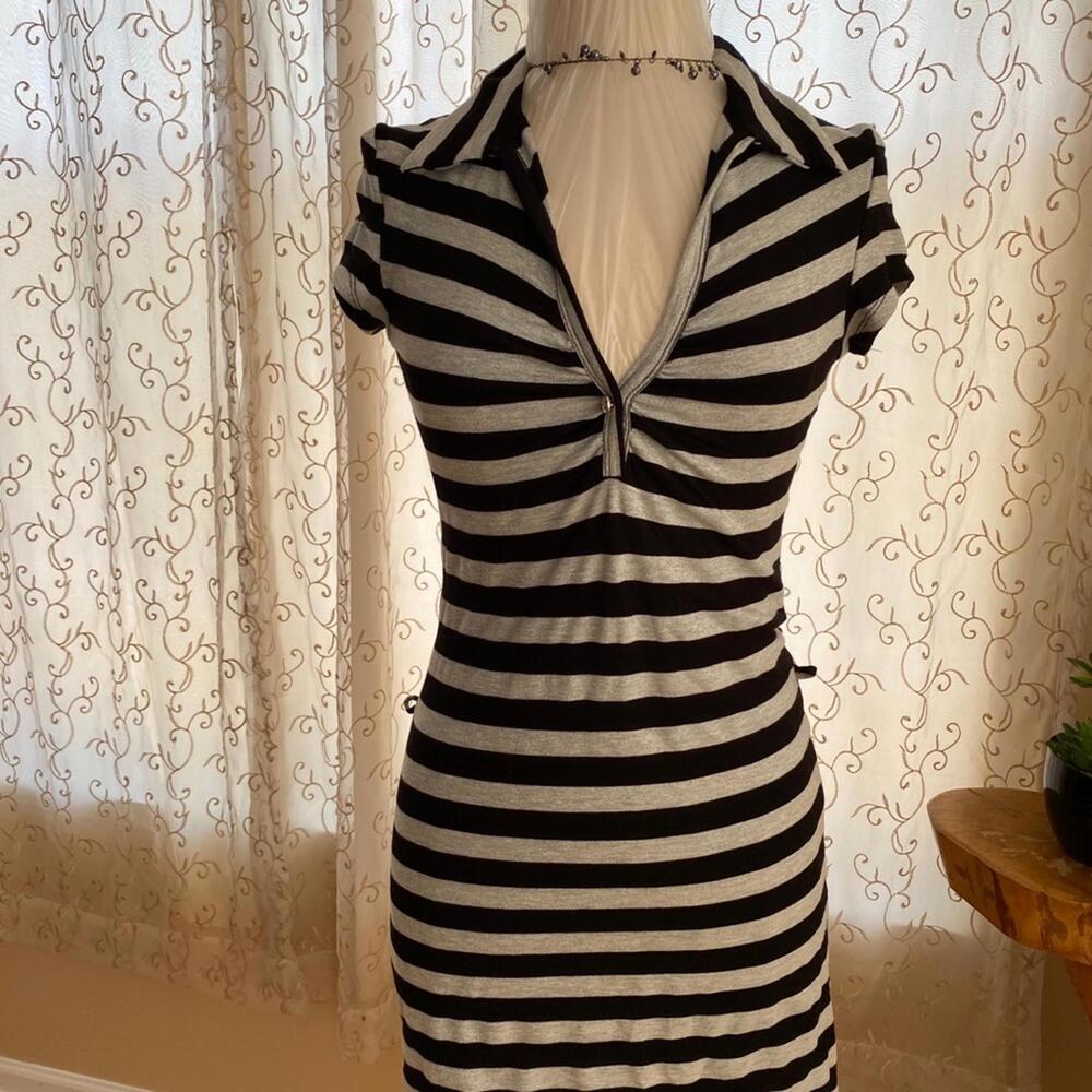 Black and Gray Striped Short Sleeve Casual Dress